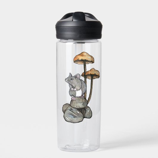 Schattige muis staand op rotsen, met paddenstoelen waterfles (Voorkant)