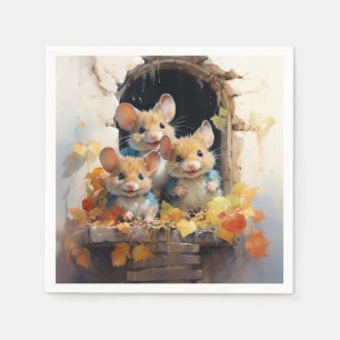 Schattige muizen herfstbladeren, uitkijkend raam servet