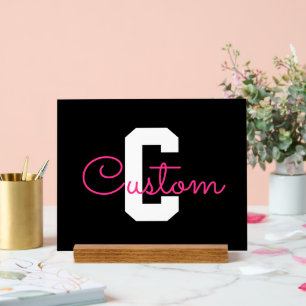 Schattige naam & monogram Zwart Wit & Roze Acryl Bord