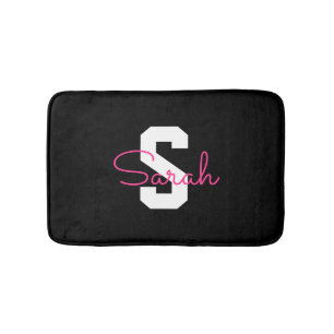 Schattige naam & monogram Zwart Wit & Roze Badmat