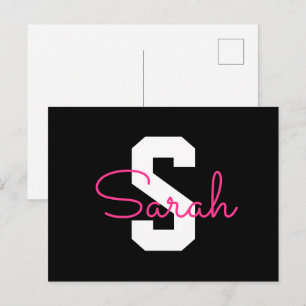 Schattige naam & monogram Zwart Wit & Roze Briefkaart