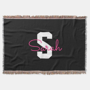 Schattige naam & monogram Zwart Wit & Roze Deken