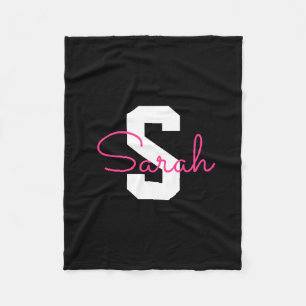 Schattige naam & monogram Zwart Wit & Roze Fleece Deken