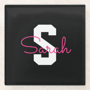 Schattige naam & monogram Zwart Wit & Roze Glazen Onderzetter