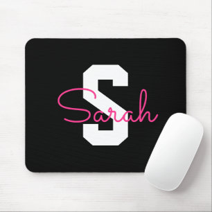 Schattige naam & monogram Zwart Wit & Roze Muismat