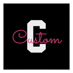 Schattige naam & monogram Zwart Wit & Roze Perfect Poster