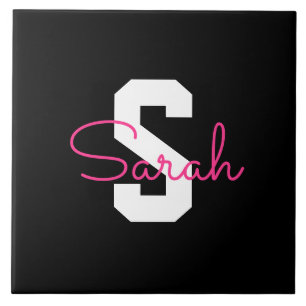 Schattige naam & monogram   Zwart Wit & Roze Tegeltje