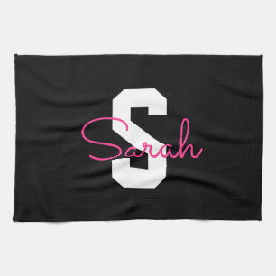Schattige naam & monogram Zwart Wit & Roze Theedoek
