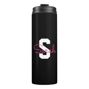 Schattige naam & monogram   Zwart Wit & Roze Thermosbeker