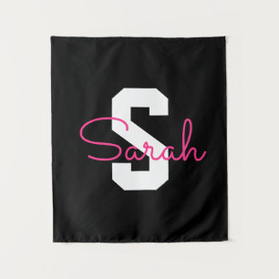 Schattige naam & monogram Zwart Wit & Roze Wandkleed