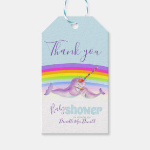 Schattige narwal moeder en baby regenboog baby sho cadeaulabel