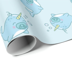 Schattige Narwhal Baby shower Kawaii Blue Boy Cadeaupapier
