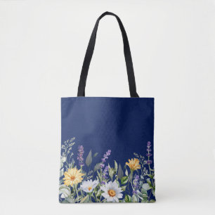 Schattige Navy Blue Boho Wildflower Design Draagtas