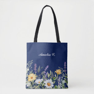 Schattige Navy Blue Boho Wildflower Design Draagtas