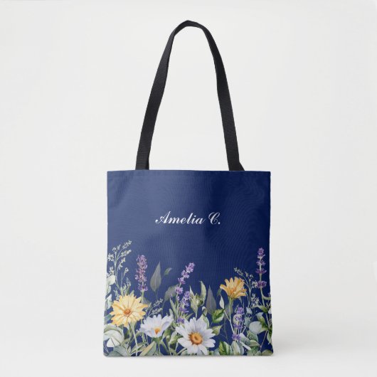 Schattige Navy Blue Boho Wildflower Design Draagtas (Voorkant)