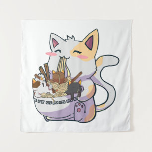 Schattige Neko Kat Met Ramen Noedels Kom Anime Jap Wandkleed