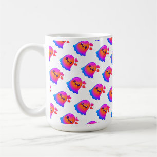 Schattige Neon Kawaii Ghost met Gradient Glow en Koffiemok