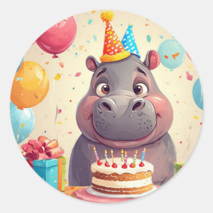 Schattige Nijlpaard die Verjaardag Viert met Taart Ronde Sticker