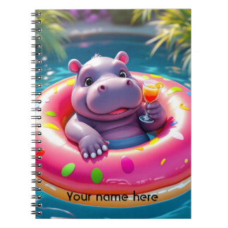 Schattige nijlpaard drijvend in donut zwembad drij notitieboek