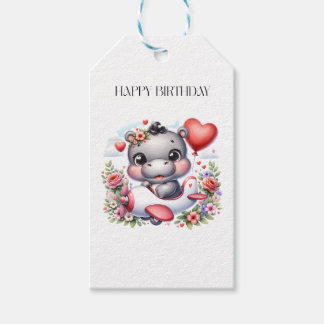 Schattige nijlpaard in hartenvliegtuig cadeaulabel