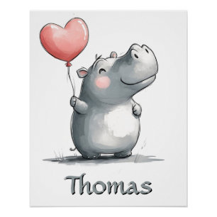 Schattige nijlpaard met hartballonillustratie perfect poster