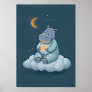 Schattige nijlpaard op wolk kinderkamer slaapkamer poster