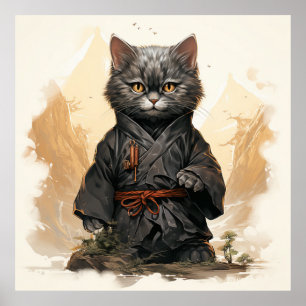 Schattige Ninja Cat Happy Japanese Art Poster