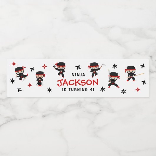 Schattige Ninja Karate Samurai Verjaardagsjongen Waterfles Etiket (Enkel label)