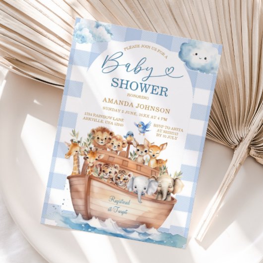 Schattige Noah's Ark Blue Gingham Boho Baby shower Kaart