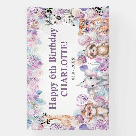 Schattige Oerwoud Partij Dieren Safari Verjaardag Spandoek (Verticaal)