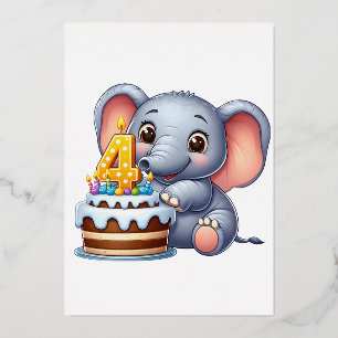Schattige Olifant 4e Verjaardag Folie Uitnodiging