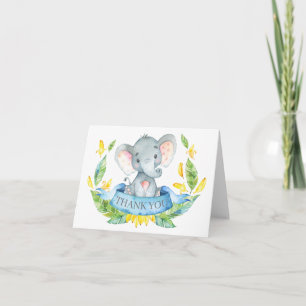 Schattige Olifant Baby Jongen Blauw en Grijs Bedankkaart