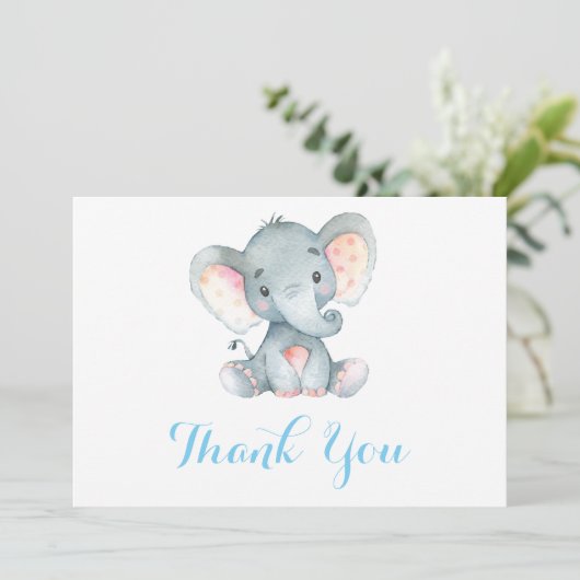 Schattige Olifant Baby Jongen Blauw en Grijs Bedankkaart (Staand voorkant)