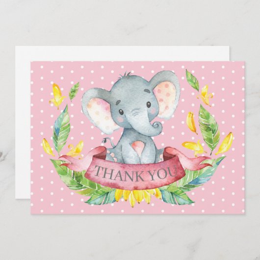 Schattige Olifant Baby Meisje Roze en Grijs Bedankkaart (Voorkant / Achterkant)