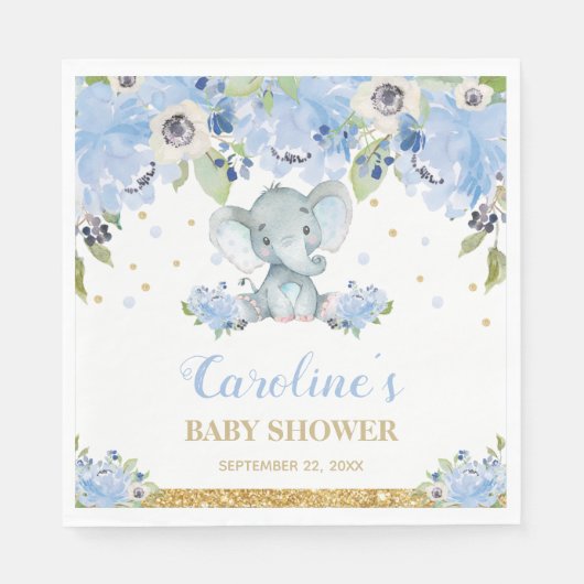 Schattige Olifant Baby shower Blauw Bloemen Servet (Voorkant)