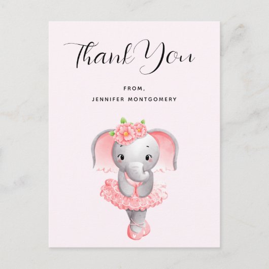 Schattige Olifant Ballerina Roze & Grijs Dank Je Briefkaart (Voorkant)