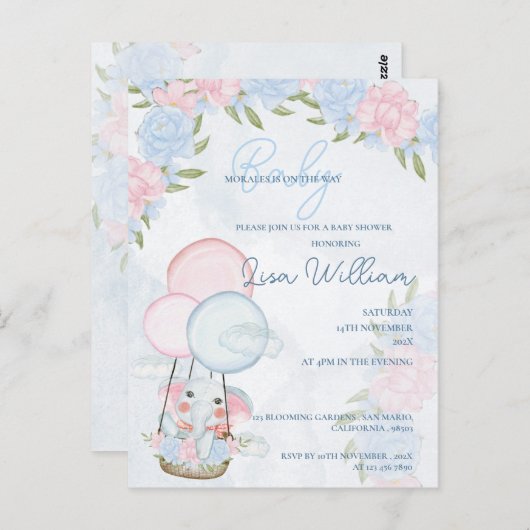 Schattige Olifant Ballonnen Roze Bloemen Baby show Briefkaart (Voorkant / Achterkant)
