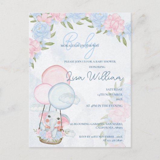 Schattige Olifant Ballonnen Roze Bloemen Baby show Briefkaart (Voorkant)