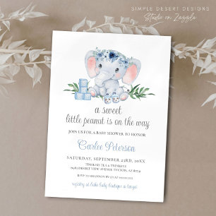 Schattige Olifant Blauw Bloemen Jongen Baby shower Kaart