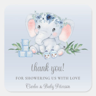 Schattige Olifant Blauw Bloemen Jongen Baby shower Vierkante Sticker
