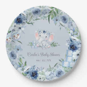 Schattige Olifant Blue Floral Baby Boy Baby shower Papieren Bordje