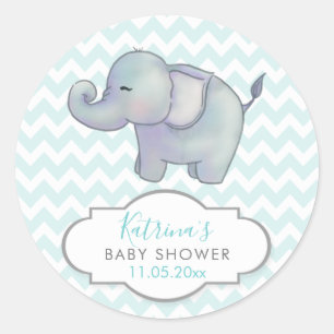 Schattige Olifant Chevron Blue Baby shower Dank Ronde Sticker
