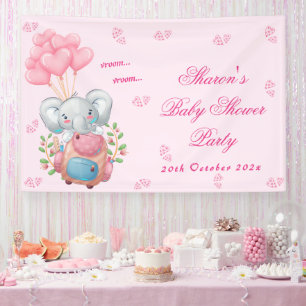 Schattige Olifant en Roze Ballon Baby Shower Spandoek
