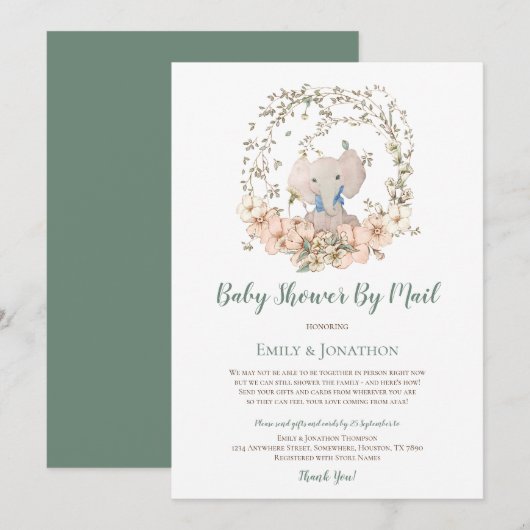 Schattige Olifant Green Baby shower per Mail Kaart (Voorkant / Achterkant)