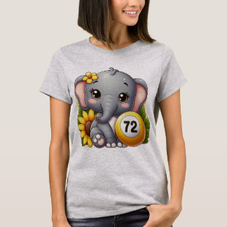 Schattige olifant met een nummer 72 bingo bal t-shirt