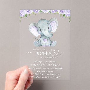 Schattige Olifant, Paarse Bloemen, Eerste Verjaard Acryl Uitnodigingen