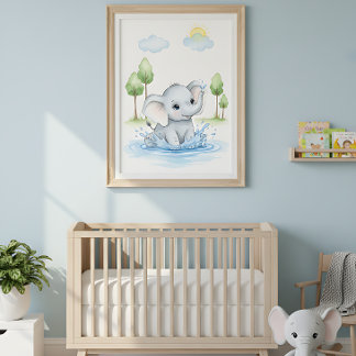 Schattige Olifant Spetterend in Water Poster