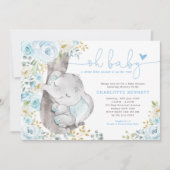 Schattige Olifant Zacht Blauw Bloemen Jongen Baby Kaart (Voorkant)