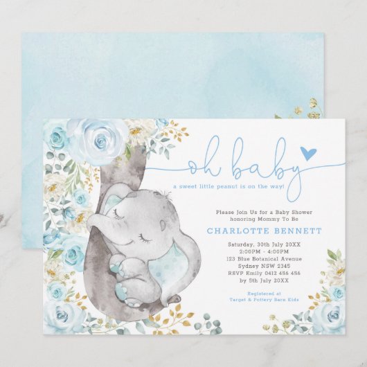 Schattige Olifant Zacht Blauw Bloemen Jongen Baby Kaart (Voorkant / Achterkant)