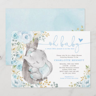 Schattige Olifant Zacht Blauw Bloemen Jongen Baby  Kaart